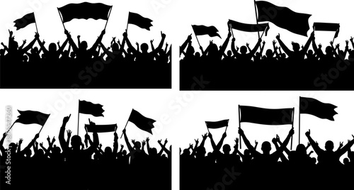 Silhouettes of protest groups with raised hands, flags, and banners in dynamic poses, symbolizing unity, activism, public demonstration, and collective social movement energy.