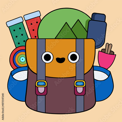 Cute cartoon backpack surrounded by camping gear