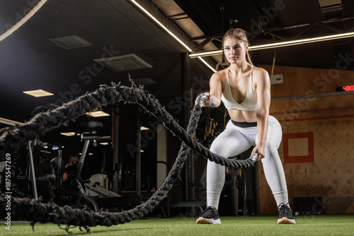 Photography Woman training with battle ropes in gym, HIIT strength conditioning workout