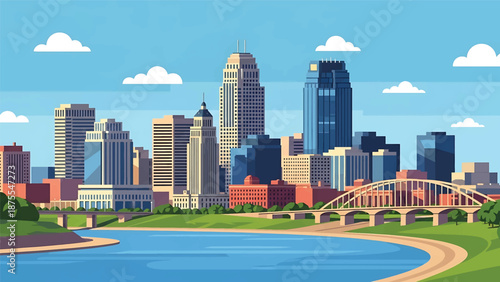 Flat vector illustration of an Omaha-style skyline with riverfront setting, mixed modern buildings and open Midwest sky, rendered in solid flat vector colors