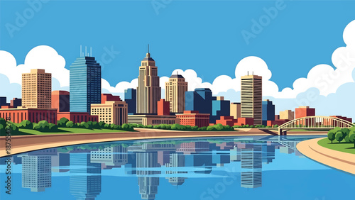 Flat vector illustration of an Omaha-style skyline with riverfront setting, mixed modern buildings and open Midwest sky, rendered in solid flat vector colors