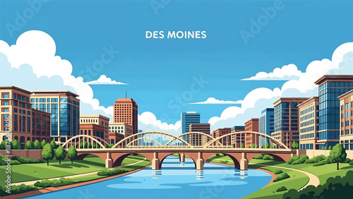 Flat vector illustration of a Des Moines-style city view with a river running through downtown, modern buildings and simplified bridges in clean solid colors