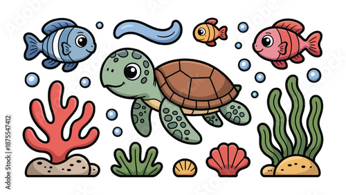 Oceanic Delight: A charming illustration featuring a collection of delightful sea creatures. A happy turtle, colorful fish, corals, seaweed, and seashell come together to depict life in the ocean.