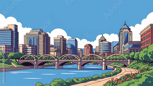 Flat vector illustration of a Des Moines-style city view with a river running through downtown, modern buildings and simplified bridges in clean solid colors