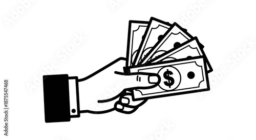 Outlined hand holding fanned dollar bills, concept of finance and payment.