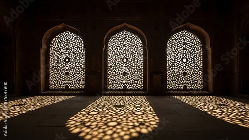 Golden sunlight streams through intricate jali windows, casting stunning geometric patterns on the floor of a historic interior
