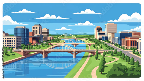 Flat vector illustration of a Des Moines-style city view with a river running through downtown, modern buildings and simplified bridges in clean solid colors