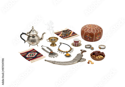 Traditional Arabic Heritage Collection and Silver Jewelry PNG on Transparent Background