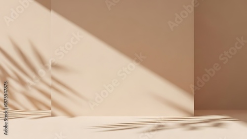 Minimalistic nude backdrop with tropical leaf shadows and natural sunlight