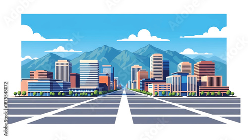Flat vector illustration of a Salt Lake City-style skyline with wide streets, modern buildings and distant mountain backdrop, clean flat vector style with solid colors