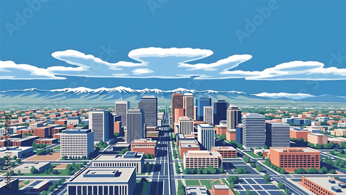 Flat vector illustration of a Salt Lake City-style skyline with wide streets, modern buildings and distant mountain backdrop, clean flat vector style with solid colors