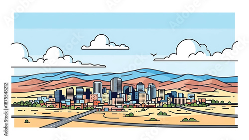 Flat vector illustration of a Reno-inspired city view with compact skyline, desert surroundings and rolling hills, clean flat vector design using solid colors only