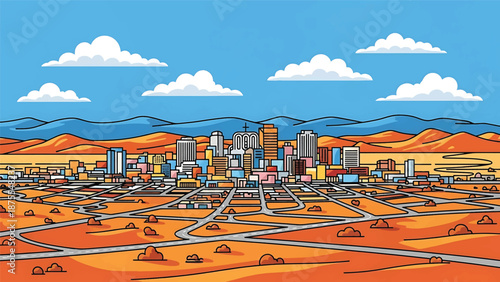 Flat vector illustration of a Reno-inspired city view with compact skyline, desert surroundings and rolling hills, clean flat vector design using solid colors only