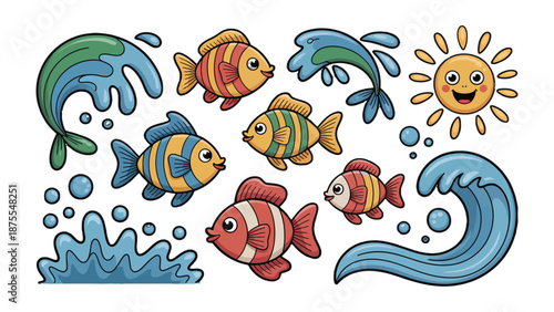 Marine Life Illustration: An illustration showcasing a variety of vibrant fish frolicking in the water alongside playful water splashes, complemented by a cheerful, smiling sun.