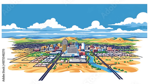 Flat vector illustration of a Reno-inspired city view with compact skyline, desert surroundings and rolling hills, clean flat vector design using solid colors only