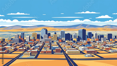 Flat vector illustration of a Reno-inspired city view with compact skyline, desert surroundings and rolling hills, clean flat vector design using solid colors only