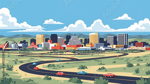Flat vector illustration of a Reno-inspired city view with compact skyline, desert surroundings and rolling hills, clean flat vector design using solid colors only