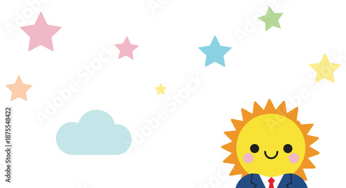 Friendly Sun Character in Business Suit with Colorful Stars and Cloud Elements