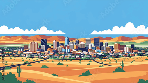 Flat vector illustration of a Reno-inspired city view with compact skyline, desert surroundings and rolling hills, clean flat vector design using solid colors only