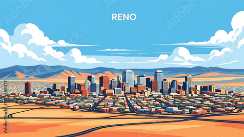 Flat vector illustration of a Reno-inspired city view with compact skyline, desert surroundings and rolling hills, clean flat vector design using solid colors only