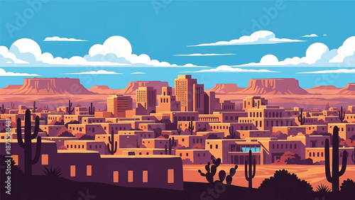 Flat vector illustration of a Santa Fe-style cityscape with adobe-inspired low-rise buildings, desert vegetation and cultural southwest atmosphere in solid flat colors