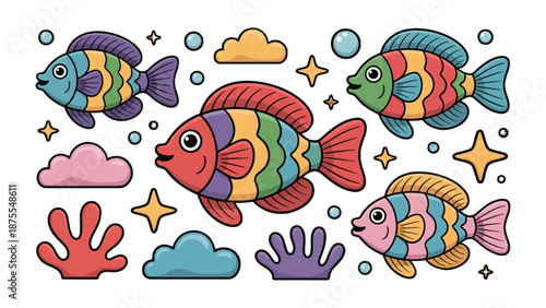 Underwater Fantasy: A colorful illustration features playful fish, bubbles, and other sea elements in a whimsical underwater scene.