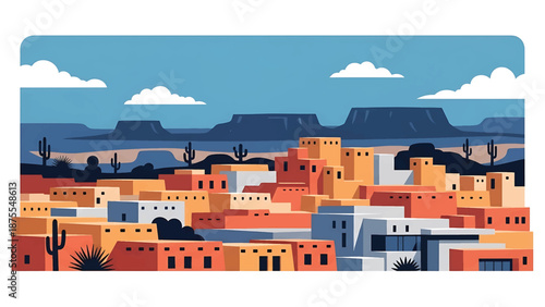 Flat vector illustration of a Santa Fe-style cityscape with adobe-inspired low-rise buildings, desert vegetation and cultural southwest atmosphere in solid flat colors