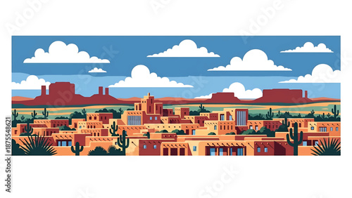 Flat vector illustration of a Santa Fe-style cityscape with adobe-inspired low-rise buildings, desert vegetation and cultural southwest atmosphere in solid flat colors