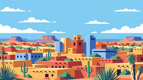 Flat vector illustration of a Santa Fe-style cityscape with adobe-inspired low-rise buildings, desert vegetation and cultural southwest atmosphere in solid flat colors
