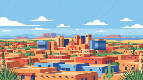 Flat vector illustration of a Santa Fe-style cityscape with adobe-inspired low-rise buildings, desert vegetation and cultural southwest atmosphere in solid flat colors