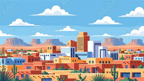 Flat vector illustration of a Santa Fe-style cityscape with adobe-inspired low-rise buildings, desert vegetation and cultural southwest atmosphere in solid flat colors