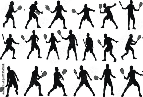 Collection of black silhouettes of tennis players in dynamic action poses with rackets and balls for sports design and illustration use