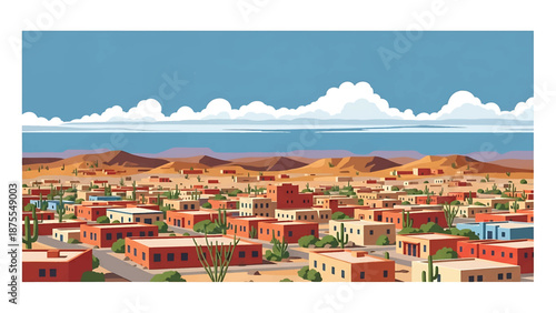 Flat vector illustration of an El Paso-inspired skyline with compact urban blocks, desert hills and wide horizon, clean flat vector design in solid colors
