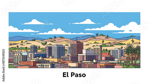 Flat vector illustration of an El Paso-inspired skyline with compact urban blocks, desert hills and wide horizon, clean flat vector design in solid colors