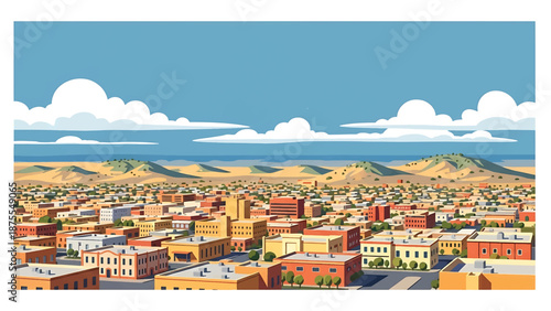 Flat vector illustration of an El Paso-inspired skyline with compact urban blocks, desert hills and wide horizon, clean flat vector design in solid colors