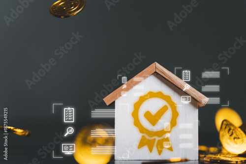 Model house with a gold quality seal and falling coins. Representing real estate investment success, property insurance, certified housing standards, and financial wealth