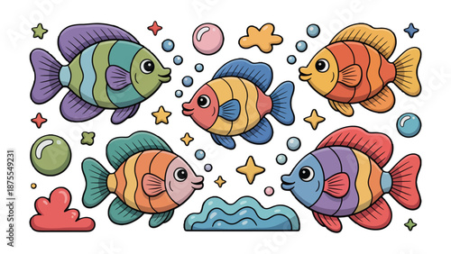 Colorful Fishes in the Deep Sea: Five whimsical, vibrant fish dance through a playful, underwater realm filled with bubbles, stars and clouds, all rendered in delightful illustration.