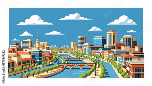 Flat vector illustration of a San Antonio-style cityscape with river-inspired urban layout, tree-lined walkways and low-rise modern buildings in solid flat colors