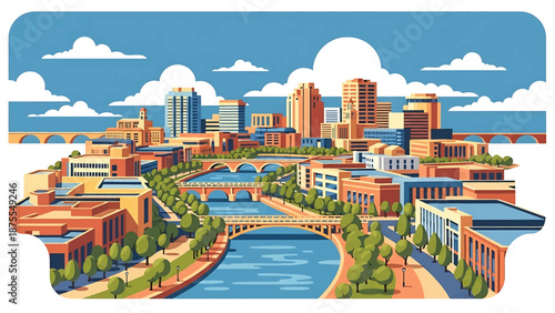 Flat vector illustration of a San Antonio-style cityscape with river-inspired urban layout, tree-lined walkways and low-rise modern buildings in solid flat colors