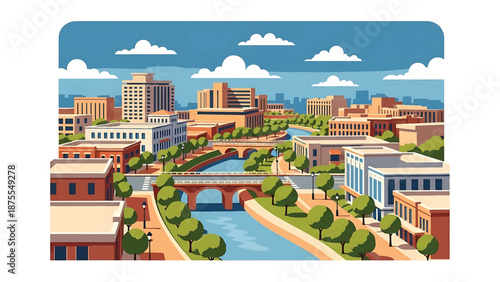 Flat vector illustration of a San Antonio-style cityscape with river-inspired urban layout, tree-lined walkways and low-rise modern buildings in solid flat colors