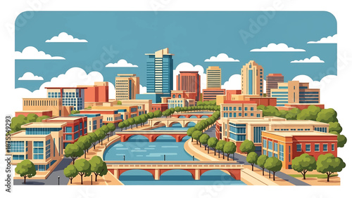 Flat vector illustration of a San Antonio-style cityscape with river-inspired urban layout, tree-lined walkways and low-rise modern buildings in solid flat colors