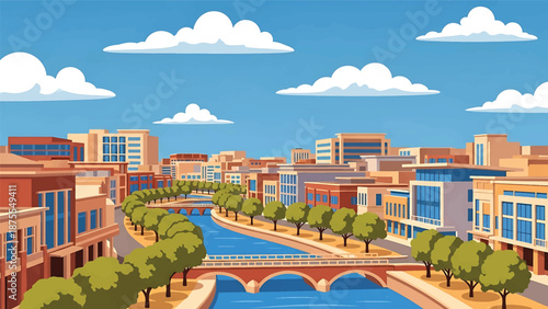 Flat vector illustration of a San Antonio-style cityscape with river-inspired urban layout, tree-lined walkways and low-rise modern buildings in solid flat colors