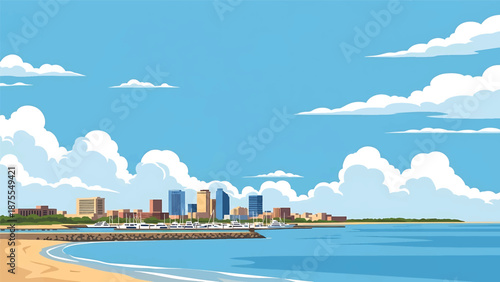 Flat vector illustration of a Corpus Christi-style coastal city with harbor waters, low-rise skyline and sandy shoreline, clean flat vector design in solid colors