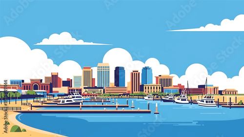 Flat vector illustration of a Corpus Christi-style coastal city with harbor waters, low-rise skyline and sandy shoreline, clean flat vector design in solid colors