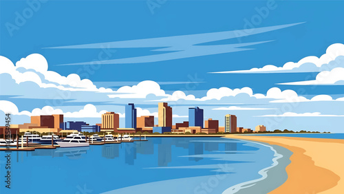 Flat vector illustration of a Corpus Christi-style coastal city with harbor waters, low-rise skyline and sandy shoreline, clean flat vector design in solid colors