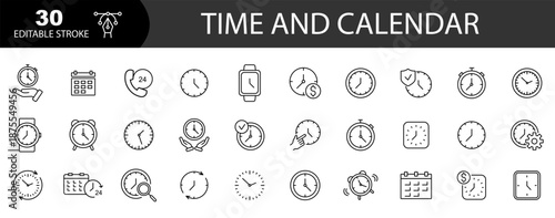 Clock and Time linear icons set. Calendar icon. Timer, watch, speed, alarm clock. Editable stroke.