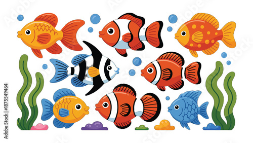 Colorful Fish Swimming: A collection of cheerful and vibrant fish, each with unique patterns and shapes, are depicted swimming in an underwater scene with bubbles and seaweed.