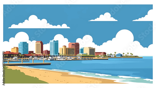 Flat vector illustration of a Corpus Christi-style coastal city with harbor waters, low-rise skyline and sandy shoreline, clean flat vector design in solid colors