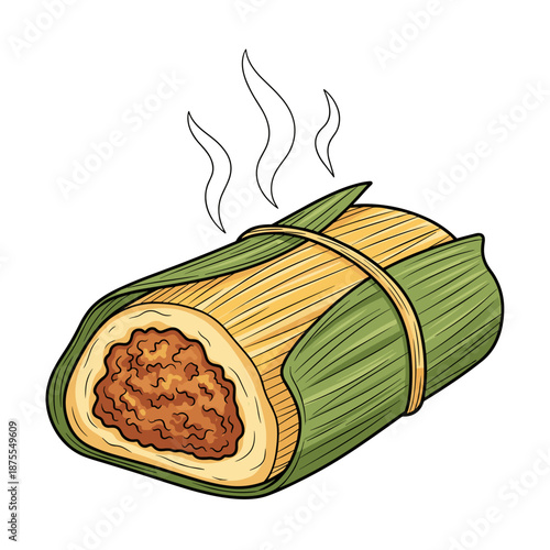 Hot Steaming Mexican Tamale Wrapped in Corn Husk Illustration on White Background