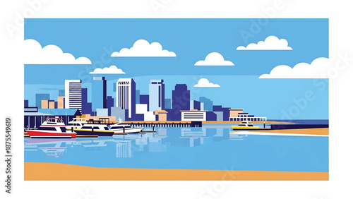 Flat vector illustration of a Corpus Christi-style coastal city with harbor waters, low-rise skyline and sandy shoreline, clean flat vector design in solid colors